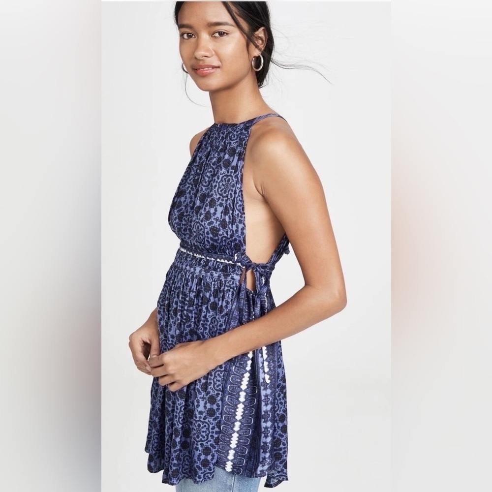 Free People Mid Summers Day Tunic Dress Side Tie Bluebell Blue Combo Size M